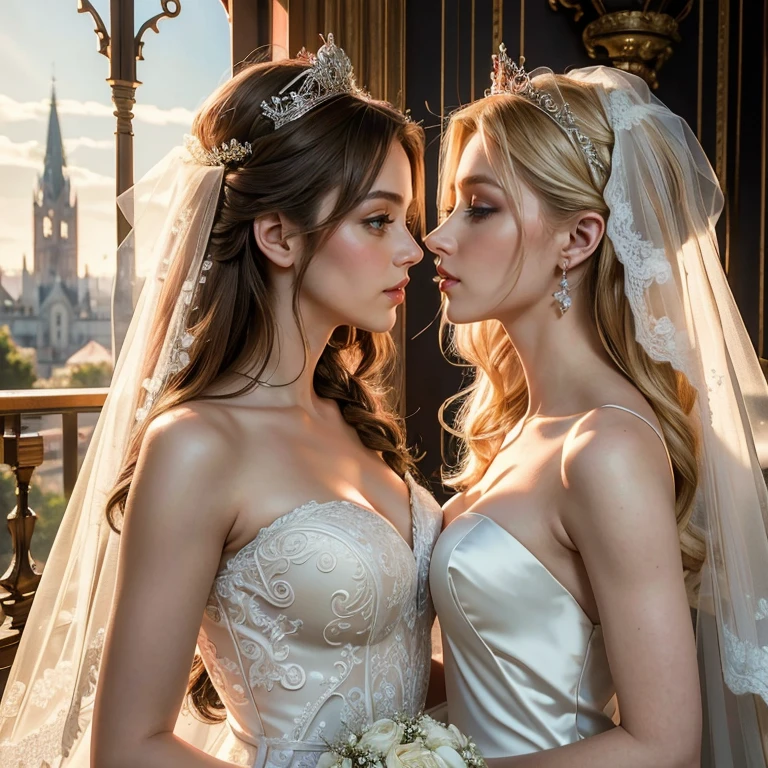 (masterpiece, highest quality, official art, beauty and aesthetic), two stunning bride is deeply in love with each other, kiss