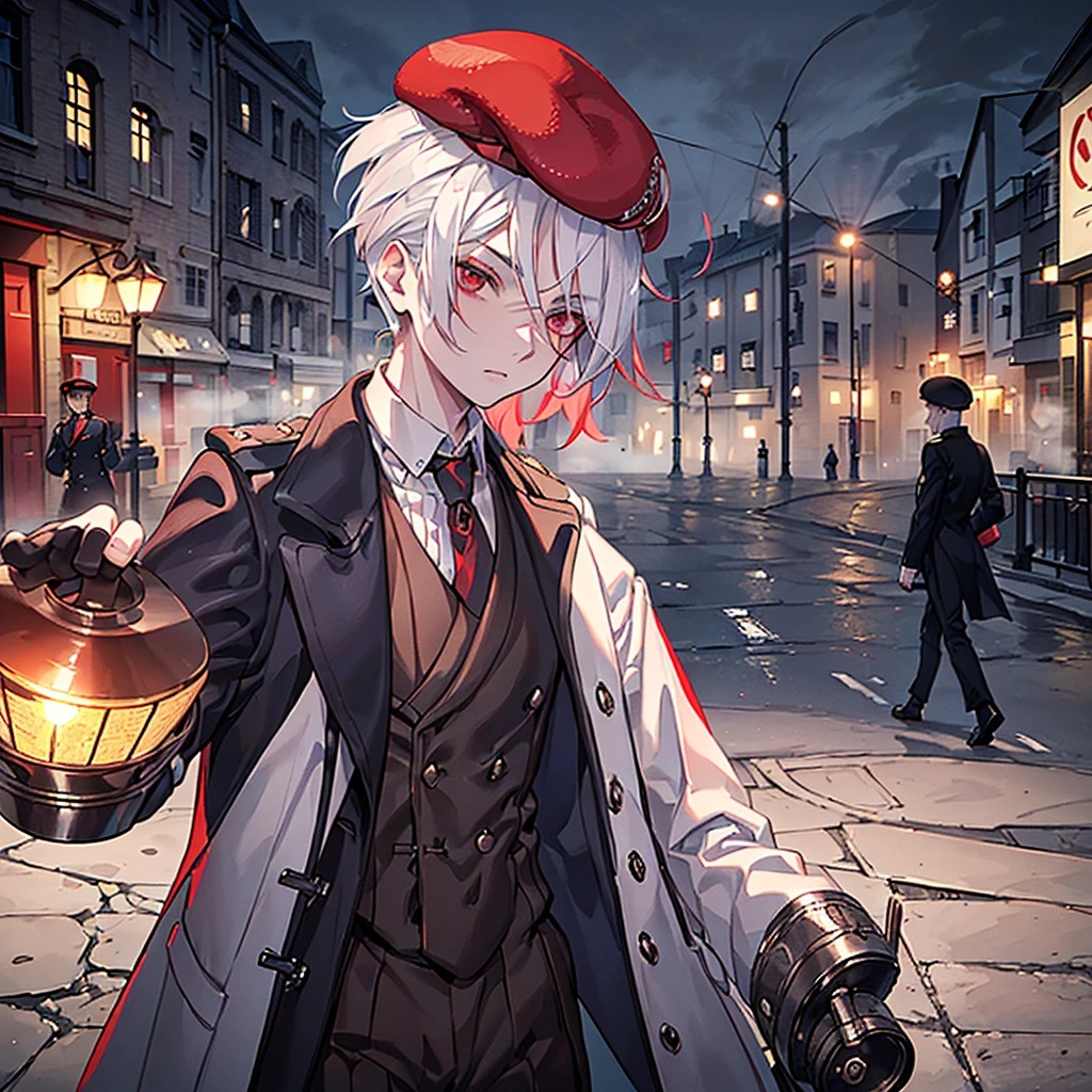 ung man, short 16 yite hair, red eyes ((8-Bud Beret outfit - Peaky Blinders Style (((cores pretas))) you look seriously, perception of the front close to your face walking down the street at night, fog
