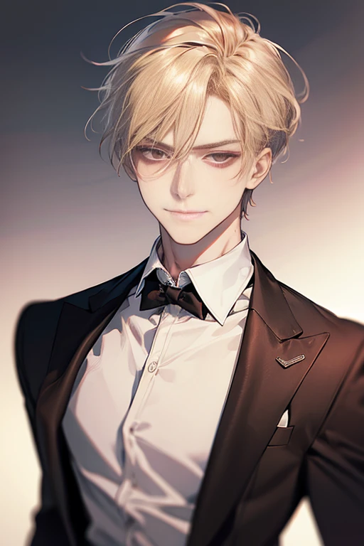 Masterpiece, best quality, finely details, red eyes, short blonde hair, smirk facial expression, white shirt, elegant, black suit.
