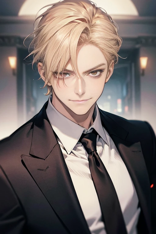 Masterpiece, best quality, finely details, red eyes, short blonde hair, smirk facial expression, white shirt, elegant, black suit.