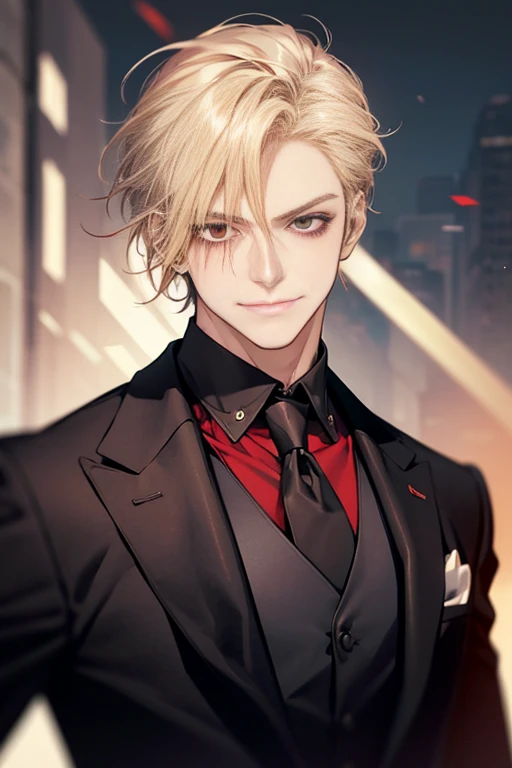 Masterpiece, best quality, finely details, red eyes, short blonde hair, smirk facial expression, white shirt, elegant, black suit.