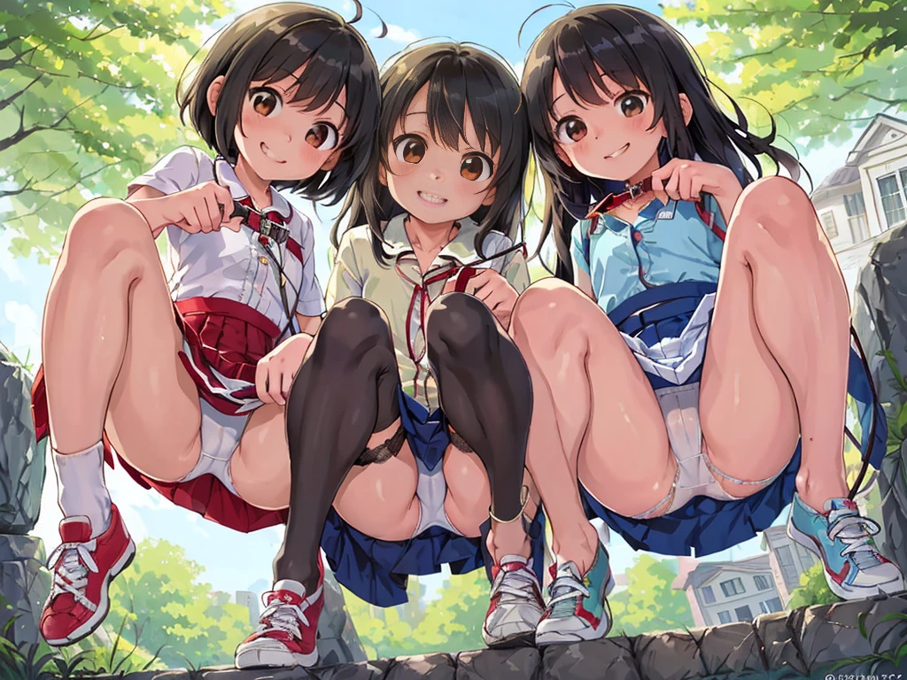 Three happy girls were sitting on the stone steps, Take a full body photo、Have fun and laugh、She was wearing a white blouse, バンズ sneakers, Red checked skirt、白いsneakers, Black Hair, detached houses, Flowers,Happy girl with round face, Big eyes, Long eyelashes, Full-body display、Detailed Private Parts、Hairless、Detailed female genitalia、Spread your legs、真From below、I see your white pants、Highest quality, Ultra-high resolution, (Realistic: )2D official style cel animation,((Like Hayate!three girls sitting in a row。))mini skirt,Summer Shirts,(Lace panties),loose socks,sneakers,Full body portrait,(From below),Station stairs,sunny,Troubled face,Spread your legs,(((Sexy see-through lingerie for women,Shiny bodysuit,Smooth and silky clothing,Trimmed combination,Lace Stockings,Erotic leash,pajamas))),