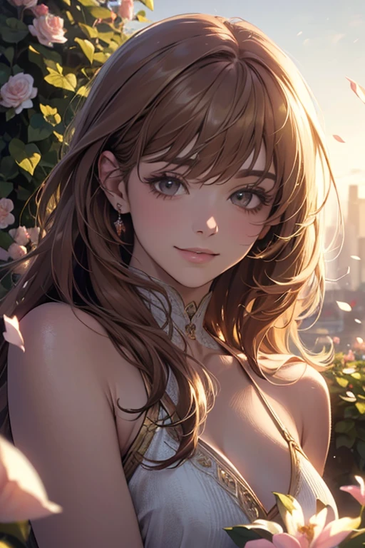 ,(best quality,4k,8k,highres,masterpiece:1.2),ultra-detailed,(realistic,photorealistic,photo-realistic:1.37),oil painting,portrait,colorful,pastel colors,soft lighting,flower garden,serene atmosphere,captivating smile,pure and innocent,golden hour,slightly blurred background,vivid colors,happy expression,long flowing brown hair,graceful pose,natural lighting,floating petals,dreamy ambiance,gentle breeze,delicate features