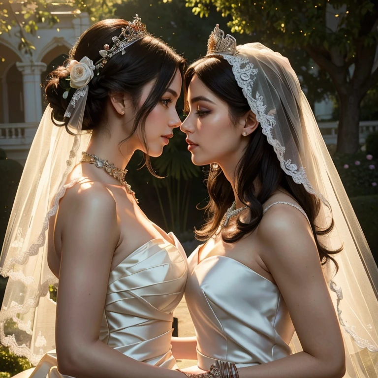 (​masterpiece, best quality:1.5), highest quality, High resolution, super detailed, Realists, Upper body photo of the black-haired bride, detailed and beautiful eyes, beautiful detailed lips, very detailed eyes and face, longeyelashes, Woman in wedding dress made of shiny satin fabric, Beautiful and colorful makeup, elegant and noble々Pose,shiny crown and jewels, Gardens as background, soft daylight, bright colors, fine brushstrokes, Portrait style, Noble details in the dress fabric, beautiful color palette, glowing skin, First-class rendering, that captures every detail, enchanting atmosphere, subtle shadows and lights, (perfect anatomy:1.2), (Two stunning brides are deeply in love:1.4), (kiss:1.2), (magnificent panorama view:1.2)