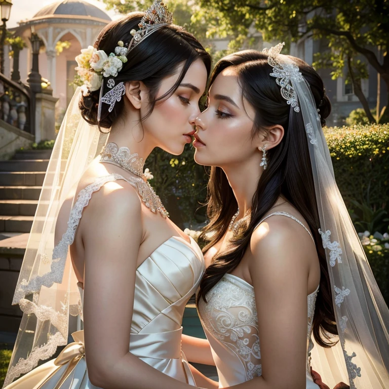 (​masterpiece, best quality:1.5), highest quality, High resolution, super detailed, Realists, Upper body photo of the black-haired bride, detailed and beautiful eyes, beautiful detailed lips, very detailed eyes and face, longeyelashes, Woman in wedding dress made of shiny satin fabric, Beautiful and colorful makeup, elegant and noble々Pose,shiny crown and jewels, Gardens as background, soft daylight, bright colors, fine brushstrokes, Portrait style, Noble details in the dress fabric, beautiful color palette, glowing skin, First-class rendering, that captures every detail, enchanting atmosphere, subtle shadows and lights, (perfect anatomy:1.2), (Two stunning brides are deeply in love:1.4), (kiss:1.2), (magnificent panorama view:1.2)
