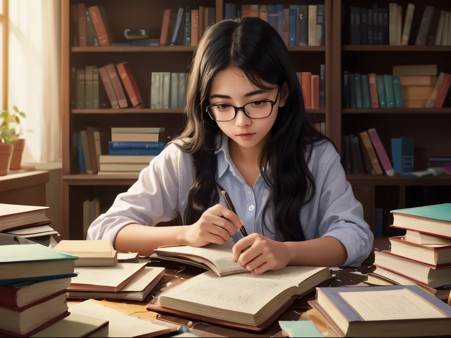 ((best quality)), ((masterpiece)), (detailed), A digital illustration of a teenage girl studying with books and notes scattered around her in a messy but determined manner. She has long black hair and is wearing glasses.