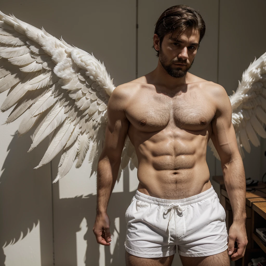 A man of 25 years old, angel, big white wings, tied straps, shorts with straps and strings, Scrawny, medium beard, barba, cabelo curto, cabelo escuro