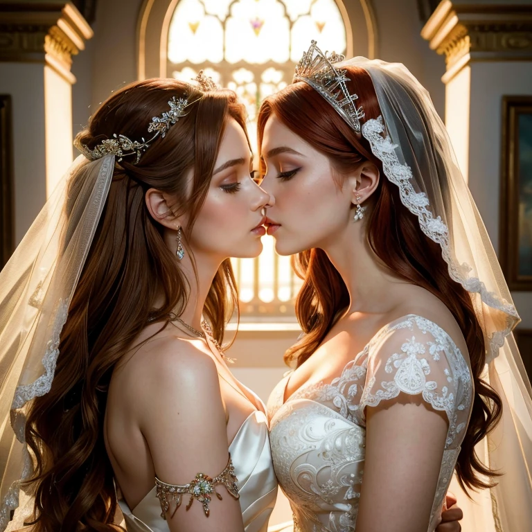 (masterpiece, best quality:1.5), highest quality, High resolution, super detailed, Realists, Upper body photo of the red-haired bride, detailed and beautiful eyes, beautiful detailed lips, very detailed eyes and face, longeyelashes, Woman in wedding dress made of shiny satin fabric, Beautiful and colorful makeup, elegant and noble々Pose,shiny crown and jewels, Gardens as background, soft daylight, bright colors, fine brushstrokes, Portrait style, Noble details in the dress fabric, beautiful color palette, glowing skin, First-class rendering, that captures every detail, enchanting atmosphere, subtle shadows and lights, (perfect anatomy:1.2), (Two stunning brides are deeply in love:1.4), (kiss:1.2), (magnificent panorama view:1.2)