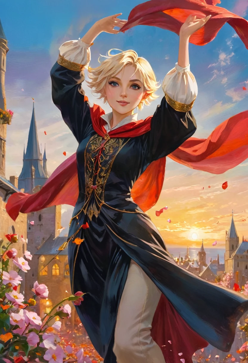1 magician girl, expressive black eyes, elf ear, blonde short hair, dressed with a red drape, using his magic ,dancing pose , flowers petals fall from the sky in big medieval city in sunset in background in background, detail richness, masterpiece, best quality