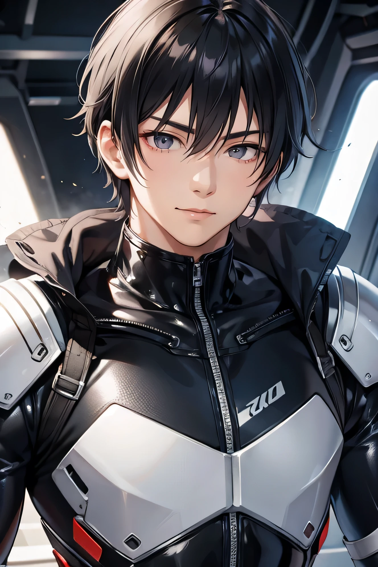 Handsome Japanese male models　　Tough　Rugged　 Fierce　Black Hair　　Short cut　　smile　looking at the camera　　　 　Mega Bulge　　　　Shiny full-body silver suit　　　Shiny silver latex suit　Black Hair　Adult man　Metal Body　Face close-up　Upper Body
