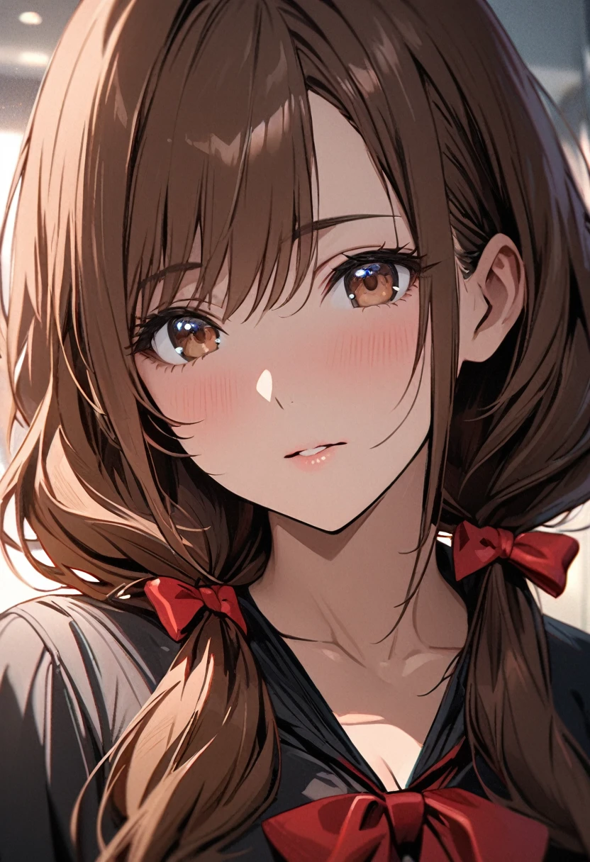 girl, beautiful, mature, brown hair, brown eyes, red bow, low ponytai, best quality