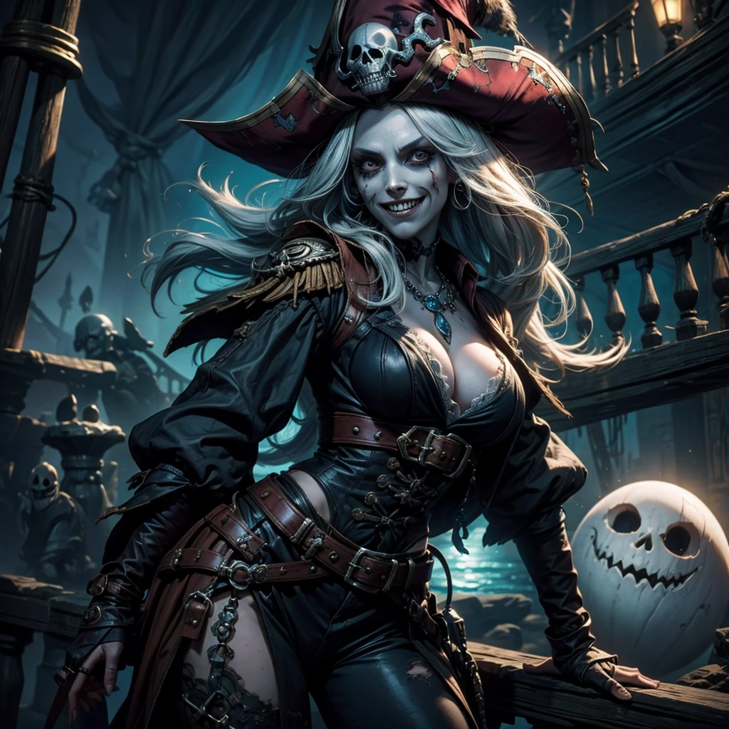 
an undead female pirate on a ghost galleon, smiling eerily, with the ghostly courma seen in the background