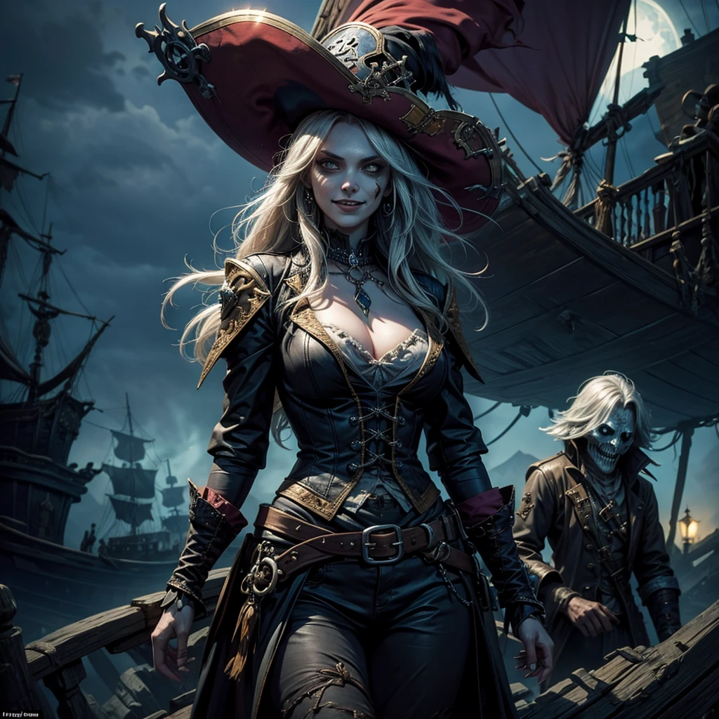 an undead female pirate on a ghost galleon, smiling eerily, with the ghostly courma seen in the background