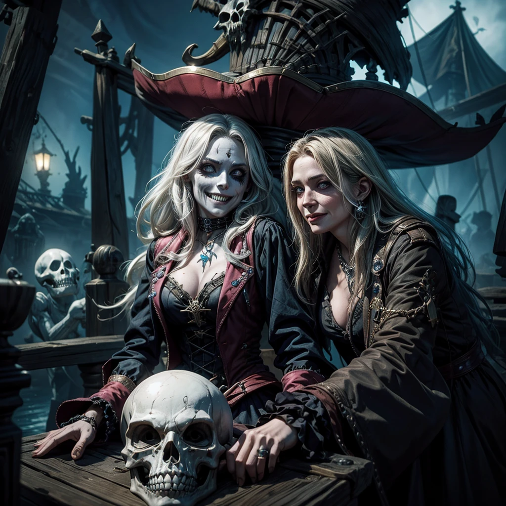 an undead female pirate on a ghost galleon, smiling eerily, with the ghostly courma seen in the background