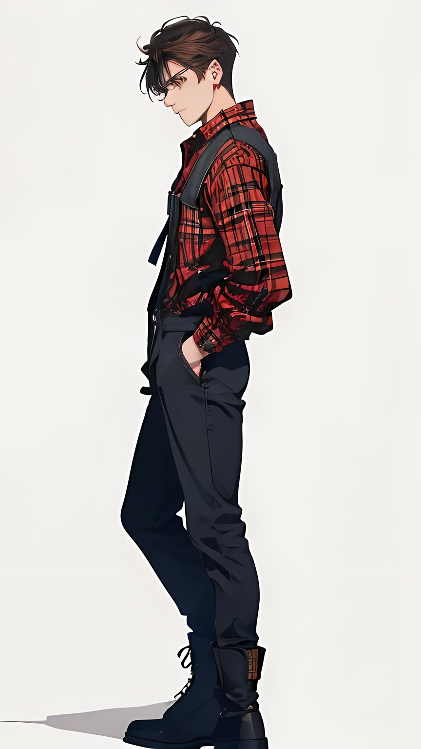 Full body, side view, profile ,standing , killer, male focus , v-taper body,  rough{cut short hairstyle, very dark brown hair, sharp gold eyes, mature, 
  (handsome) , wearing a red and black checked flannel shirt, blue dungarees , Boots, BREAK (masterpiece) best quality, highest detail, superior quality, natural lighting, white background 