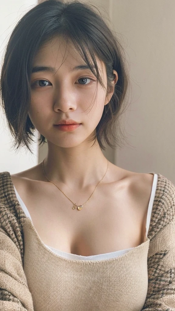 (very realistic photo, concentrated、High resolution, detailed face, fine eyes), ((Taken in front of a white wall))、japanese woman, 20-year-old, various expressions, Upper body、alone:1, slim body shape, various hairstyles,Sheer black long sleeve top、Only one person is in the photo、Photographed in natural light、simple necklace、bob hair、shortcut、looking at the camera