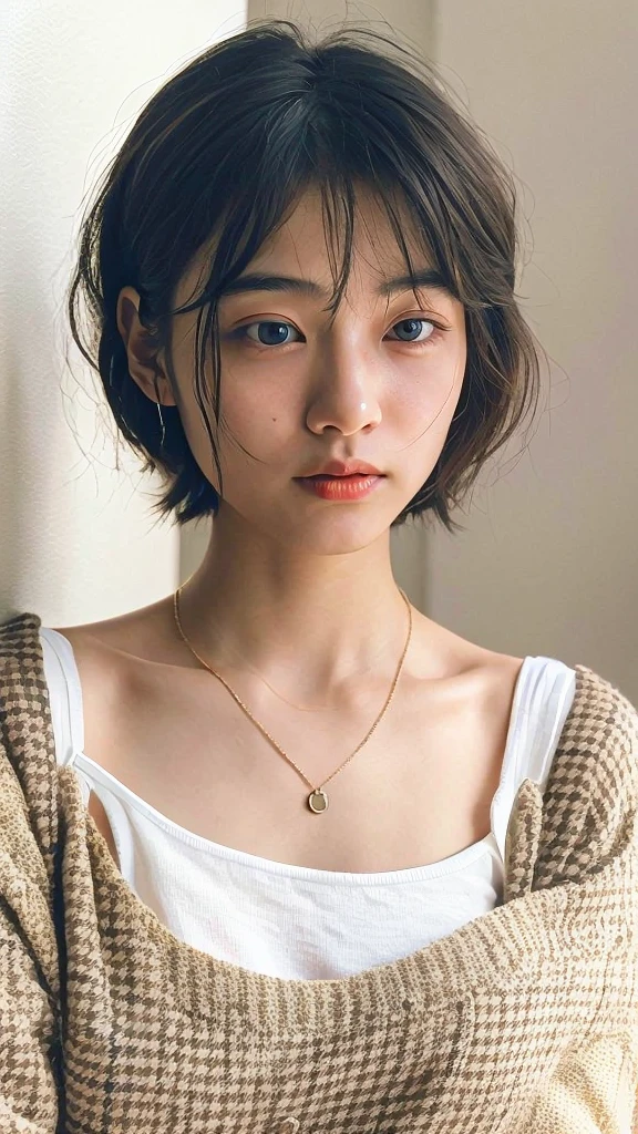 (very realistic photo, concentrated、High resolution, detailed face, fine eyes), ((Taken in front of a white wall))、japanese woman, 20-year-old, various expressions, Upper body、alone:1, slim body shape, various hairstyles,Sheer black long sleeve top、Only one person is in the photo、Photographed in natural light、simple necklace、bob hair、shortcut、looking at the camera