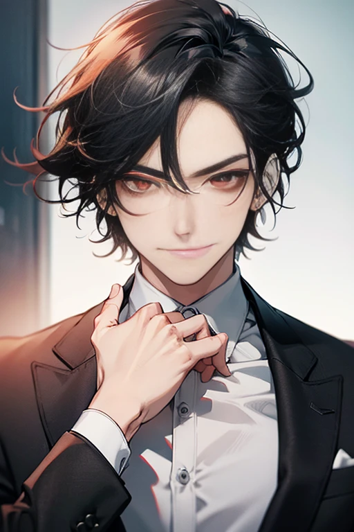Masterpiece, best quality, finely details, red eyes, short gray black hair, smirk facial expression, white shirt, elegant, black suit.