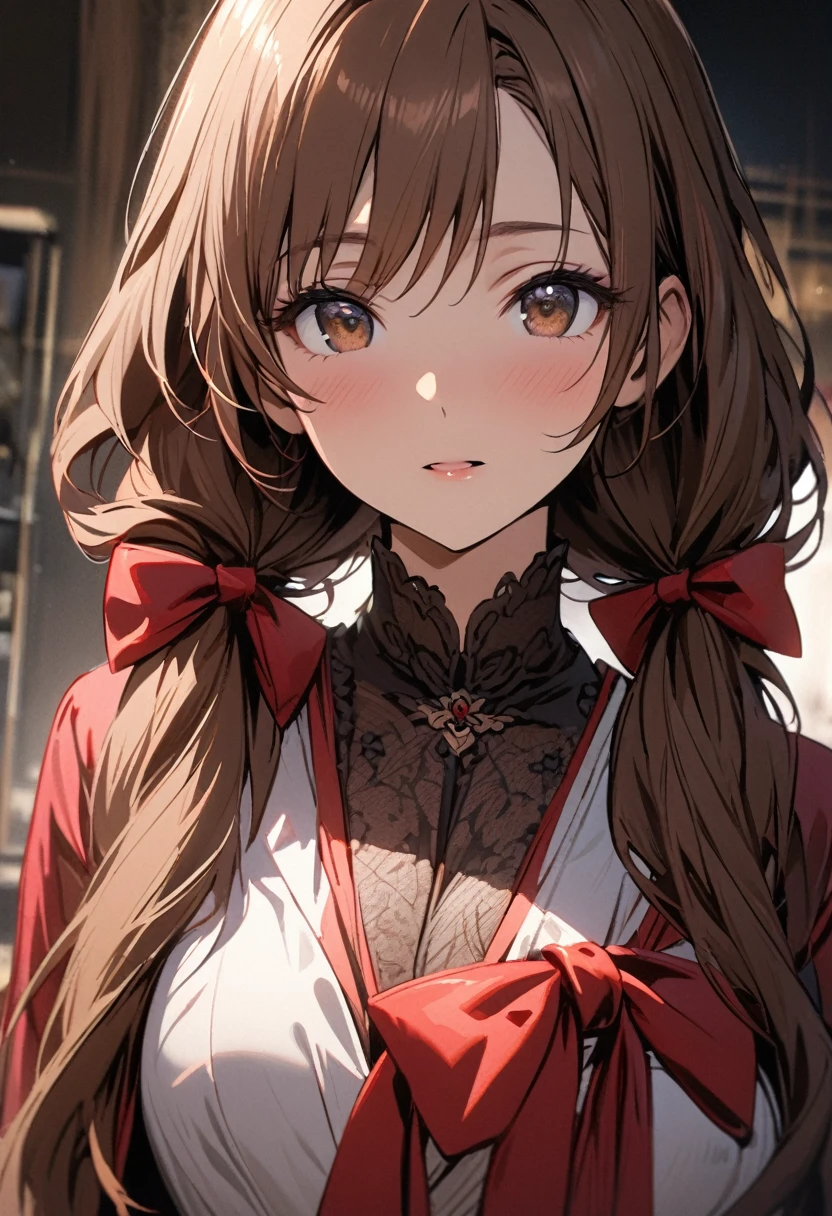 Solo, 1girl, Long Hair,  brown hair, brown eyes,  mature, high detail,  low twin tails, red bow, high detail, beautiful eyes, beautiful color, front face, macro picture