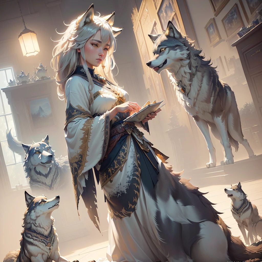 masterpiece, Highest quality, ((Beautifully detailed wolves)) (Highly detailed CG Unity 8k wallpaper), Professional and spectacular oil painting by Ed Blinky, Atea Geylang, Studio Ghibli, Jeremy Mann, Greg Manchester, Antonio Moro, Popular on Art Station, Trends Midjourney and Greg Rutkowski CGSociety, Complex, Attention to detail, Clear focus, dramatic, Realistic painting