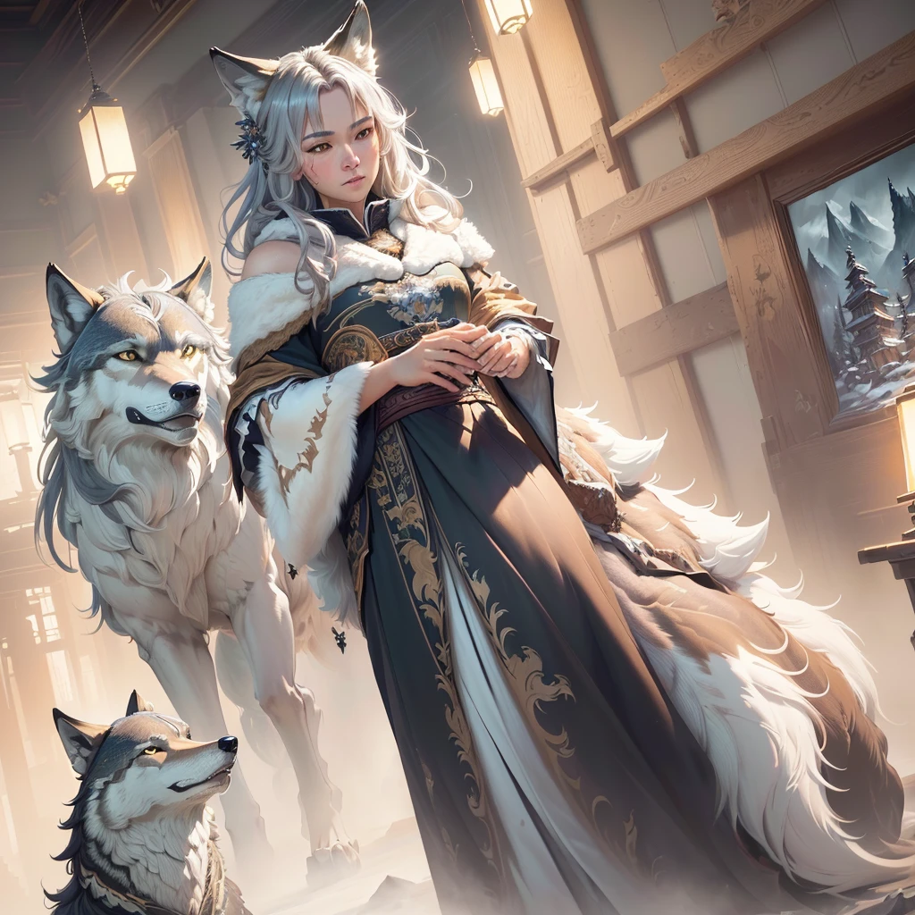 masterpiece, Highest quality, ((Beautifully detailed wolves)) (Highly detailed CG Unity 8k wallpaper), Professional and spectacular oil painting by Ed Blinky, Atea Geylang, Studio Ghibli, Jeremy Mann, Greg Manchester, Antonio Moro, Popular on Art Station, Trends Midjourney and Greg Rutkowski CGSociety, Complex, Attention to detail, Clear focus, dramatic, Realistic painting