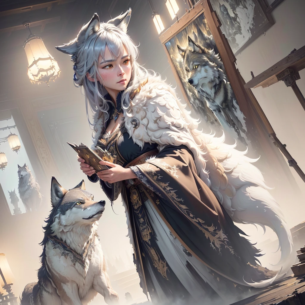 masterpiece, Highest quality, ((Beautifully detailed wolves)) (Highly detailed CG Unity 8k wallpaper), Professional and spectacular oil painting by Ed Blinky, Atea Geylang, Studio Ghibli, Jeremy Mann, Greg Manchester, Antonio Moro, Popular on Art Station, Trends Midjourney and Greg Rutkowski CGSociety, Complex, Attention to detail, Clear focus, dramatic, Realistic painting