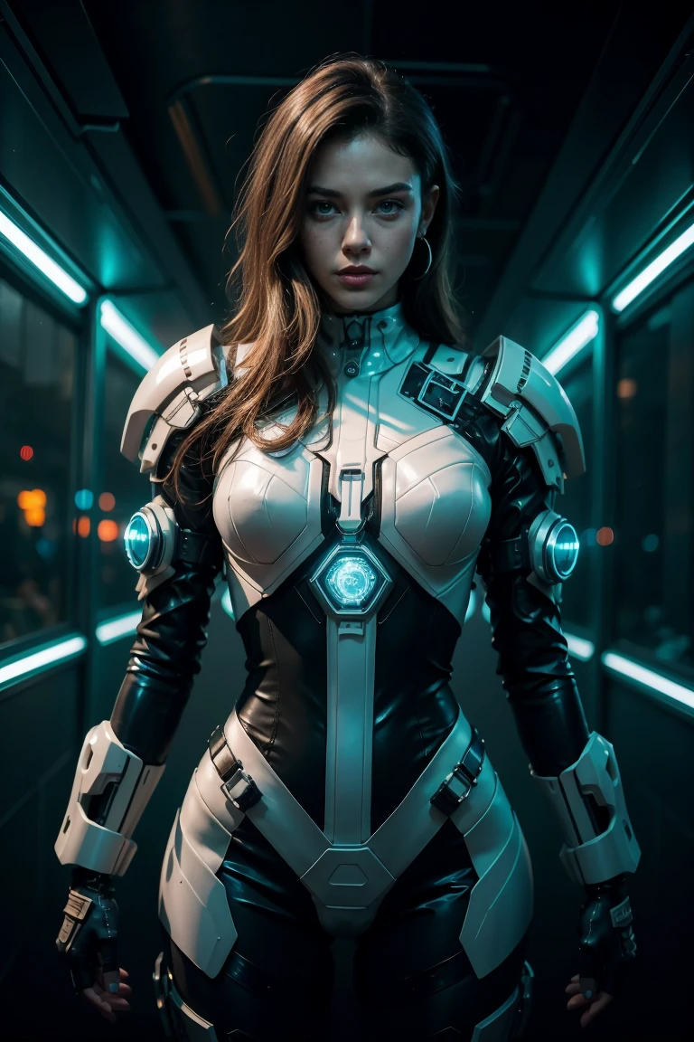 master part, melhor qualidade, ((provocante)) Vladislava Galagan, (((FULL BODY))) brunette hair, blue eyes, garota cyberpunk, Armadura corporal cyberpunk branco inspirado em Harajuku, sexy white stylized lingerie, holding a big modern gun, bold colors and patterns, Attractive accessories, penteado moderno e inovador, deslumbrante paisagem urbana de Cyberpunk, highrise, bright neon signs, luzes led, anime illustration, Textura detalhada da pele, textura de pano detalhada, Rosto bonito e detalhado, detalhes intrincados, ultra detalhado, Cinematic lighting, Contraste forte.