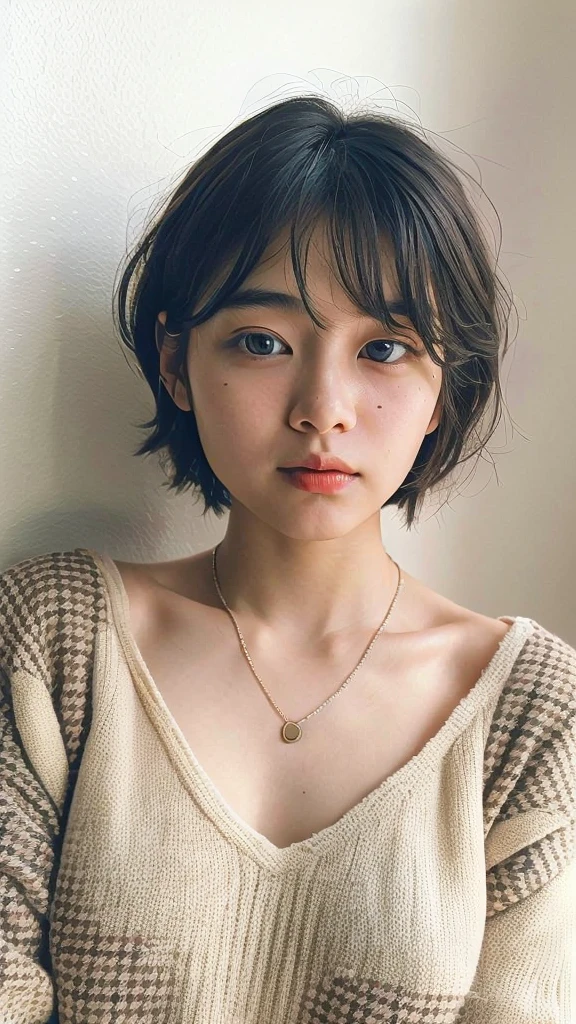 (very realistic photo, concentrated、High resolution, detailed face, fine eyes), ((Taken in front of a white wall))、japanese woman, 20-year-old, various expressions, Upper body、alone:1, slim body shape, various hairstyles,Sheer black long sleeve top、Only one person is in the photo、Photographed in natural light、simple necklace、bob hair、shortcut、looking at the camera