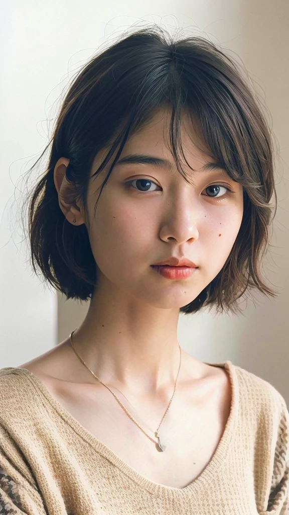 (very realistic photo, concentrated、High resolution, detailed face, fine eyes), ((Taken in front of a white wall))、japanese woman, 20-year-old, various expressions, Upper body、alone:1, slim body shape, various hairstyles,Sheer black long sleeve top、Only one person is in the photo、Photographed in natural light、simple necklace、bob hair、shortcut、looking at the camera