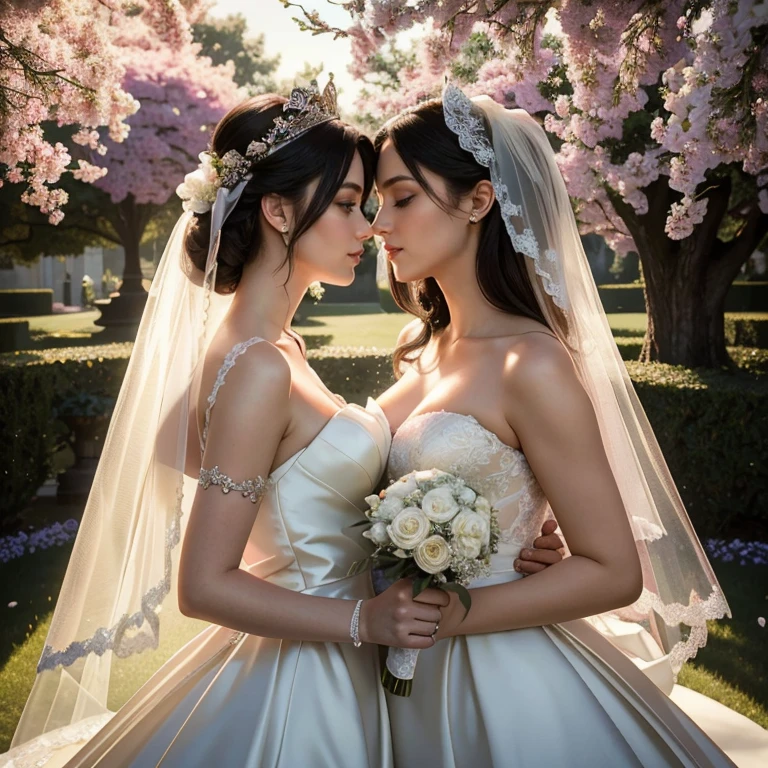 (masterpiece, best quality:1.5), highest quality, High resolution, super detailed, Realists, Upper body photo of the black-haired and blonde bride, detailed and beautiful eyes, beautiful detailed lips, very detailed eyes and face, longeyelashes, Woman in wedding dress made of shiny satin fabric, Beautiful and colorful makeup, elegant and noble々Pose,shiny crown and jewels, Gardens as background, soft daylight, bright colors, fine brushstrokes, Portrait style, Noble details in the dress fabric, beautiful color palette, glowing skin, First-class rendering, that captures every detail, enchanting atmosphere, subtle shadows and lights, (perfect anatomy:1.2), (Two stunning brides are deeply in love:1.4), (kiss:1.2), (magnificent panorama view:1.2)