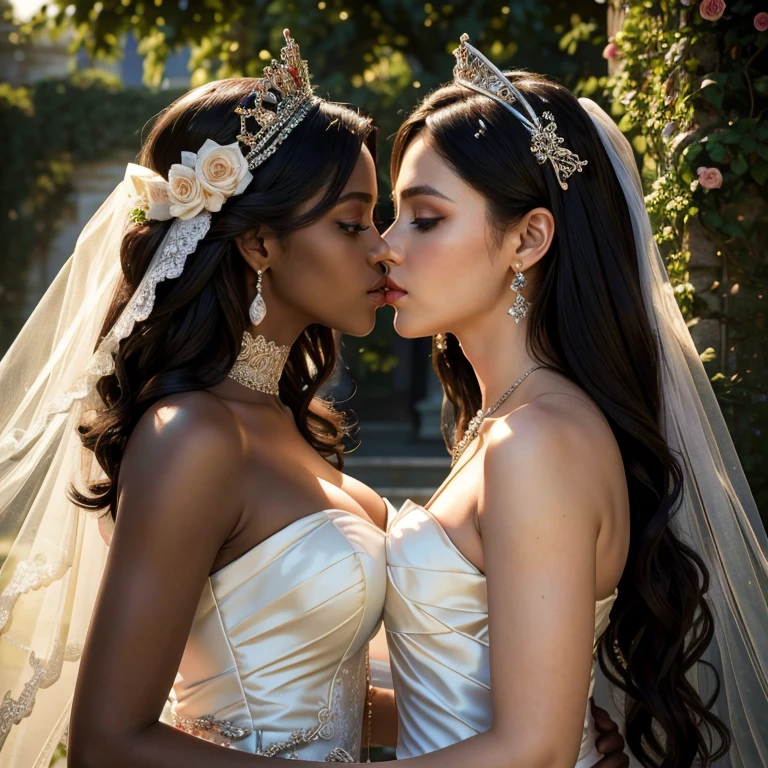(masterpiece, best quality:1.5), highest quality, High resolution, super detailed, Realists, Upper body photo of the black bride, dark skin, detailed and beautiful eyes, beautiful detailed lips, very detailed eyes and face, longeyelashes, Woman in wedding dress made of shiny satin fabric, Beautiful and colorful makeup, elegant and noble々Pose,shiny crown and jewels, Gardens as background, soft daylight, bright colors, fine brushstrokes, Portrait style, Noble details in the dress fabric, beautiful color palette, glowing skin, First-class rendering, that captures every detail, enchanting atmosphere, subtle shadows and lights, (perfect anatomy:1.2), (Two stunning brides are deeply in love:1.4), (kiss:1.2), (magnificent panorama view:1.2)