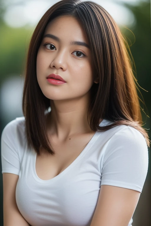 ((Best quality, 8k, Masterpiece :1.3)),  ultra realistic, real life textures, photorealistic shot, of a gorgeous asian model, posing in naughty. Sharp focus, full body shots , Long legs, Sharp focus :1.2, A pretty woman with perfect figure :1.4, Slender abs :1.1, ((Dark brown layered hair, Bulge big breasts :1.2)), (White skinny tight tshirt, v neck t-shirt :1.2) , Highly detailed face and skin texture, Detailed eyes, Double eyelid, bokeh background 