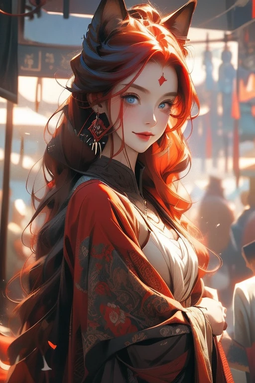 Perfect face. Perfect hands. A red haired woman with one blue eye and one red eye with an hourglass figure and red fox ears and several fox tails is smiling at the festival