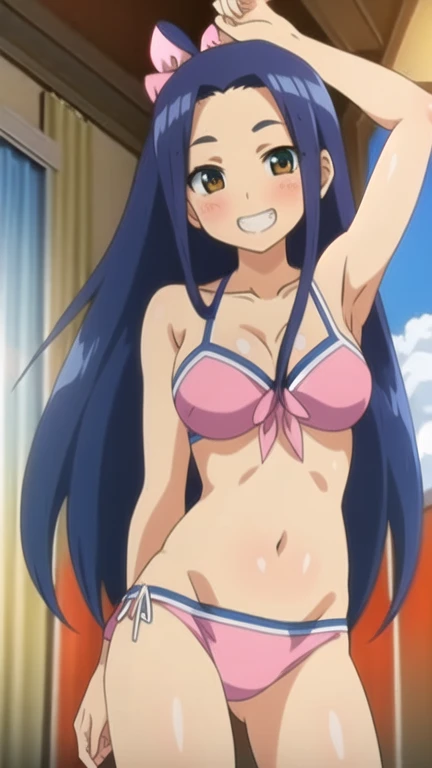 (masterpiece, best quality:1.2), beautiful female, 1girl, solo, (brown eyes:1.3), black hair, long hair, forehead, cowlick, ribbon, butterfly-shaped ribbon, collarbone, (medium breasts), (pink bikini:1.3), bikini, (cowboy shot:1.5), looking at viewer, closed mouth, smile, grin,