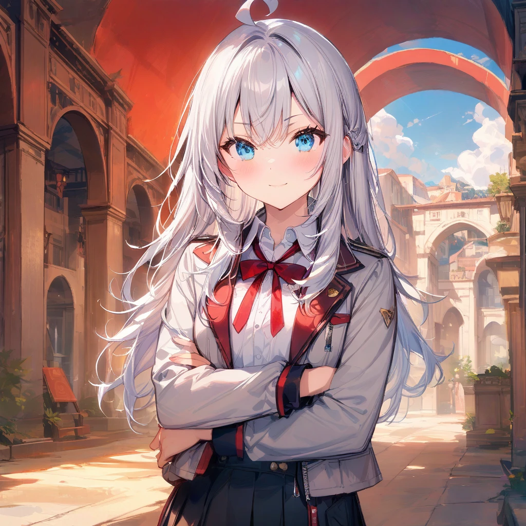 (Masterpiece),(Best quality),(Very detailed),(Best explanation),(Best shade),(Absurdities),(Detailed background),(Very aesthetic), Alia(featuring.roshidere), White hair, long hair, Explosions, Blue eyes, Hair bar, ahoge, Red tape, A pocket, shirt, long sleeves, Arch, , الJacket, white shirt, pleated A pocket, collared shirt, Archtie, black A pocket, red Arch, red Archtie, Jacket, grey Jacket, long sleeves, View of the upper body, Arms crossed, He smiles,