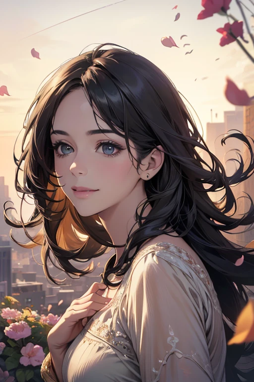 ,(best quality,4k,8k,highres,masterpiece:1.2),ultra-detailed,(realistic,photorealistic,photo-realistic:1.37),oil painting,portrait,colorful,pastel colors,soft lighting,flower garden,serene atmosphere,captivating smile,pure and innocent,golden hour,slightly blurred background,vivid colors,happy expression,long flowing gray black hair,graceful pose,natural lighting,floating petals,dreamy ambiance,gentle breeze,delicate features