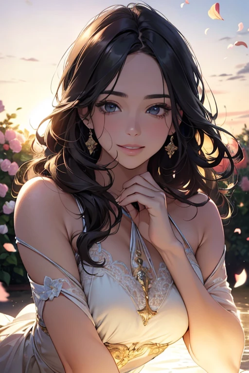 ,(best quality,4k,8k,highres,masterpiece:1.2),ultra-detailed,(realistic,photorealistic,photo-realistic:1.37),oil painting,portrait,colorful,pastel colors,soft lighting,flower garden,serene atmosphere,captivating smile,pure and innocent,golden hour,slightly blurred background,vivid colors,happy expression,long flowing gray black hair,graceful pose,natural lighting,floating petals,dreamy ambiance,gentle breeze,delicate features