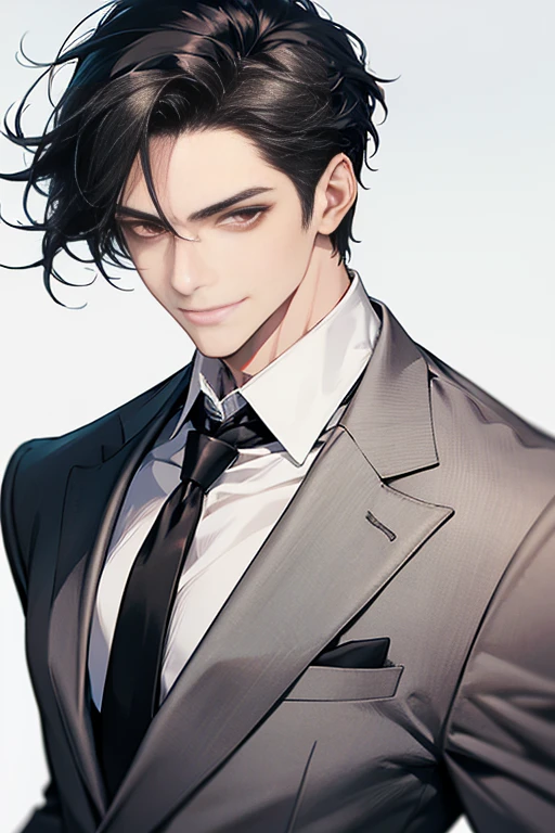 Masterpiece, best quality, finely details, red eyes, short gray black hair, smirk facial expression, white shirt, elegant, black suit. 34 years. Mature male.