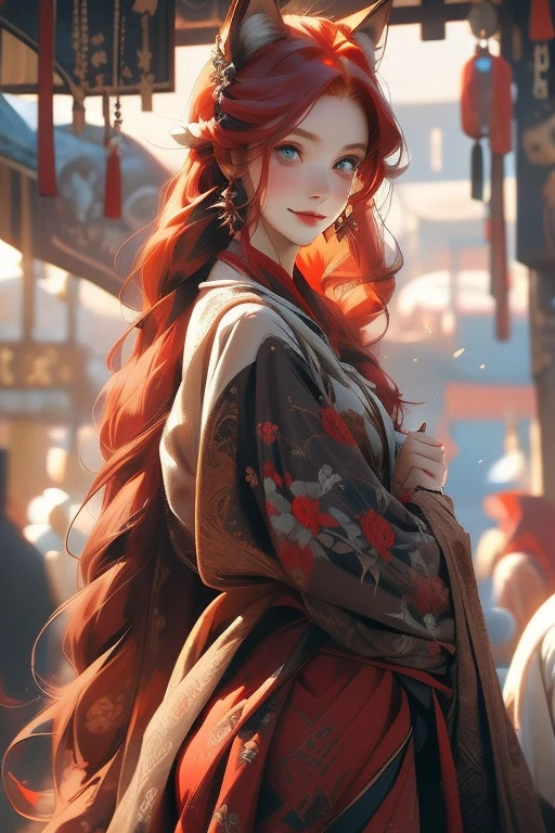 Perfect face. Perfect hands. A red haired woman with one blue eye and one red eye with an hourglass figure and red fox ears and seven fluffy fox tails is smiling at the festival
