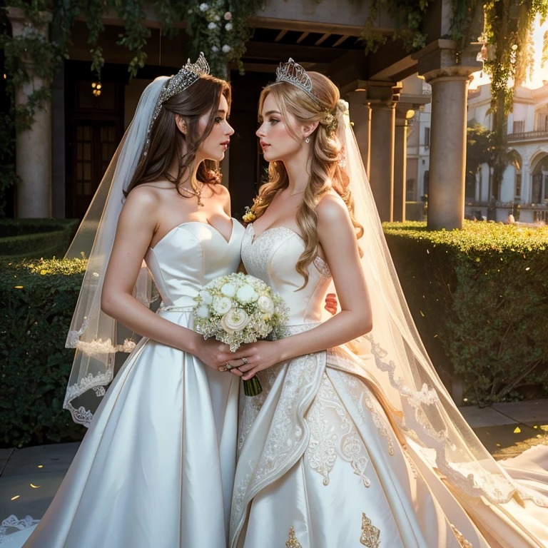 (​masterpiece, best quality:1.5), highest quality, High resolution, super detailed, Realists, Upper body photo of the brunette and blonde bride, detailed and beautiful eyes, beautiful detailed lips, very detailed eyes and face, longeyelashes, Woman in wedding dress made of shiny satin fabric, Beautiful and colorful makeup, elegant and noble々Pose,shiny crown and jewels, Gardens as background, soft daylight, bright colors, fine brushstrokes, Portrait style, Noble details in the dress fabric, beautiful color palette, glowing skin, First-class rendering, that captures every detail, enchanting atmosphere, subtle shadows and lights, (perfect anatomy:1.2), (The stunning bride stands together with her bridesmaid and are deeply in love:1.4), (kiss:1.2), (magnificent panorama view:1.2)