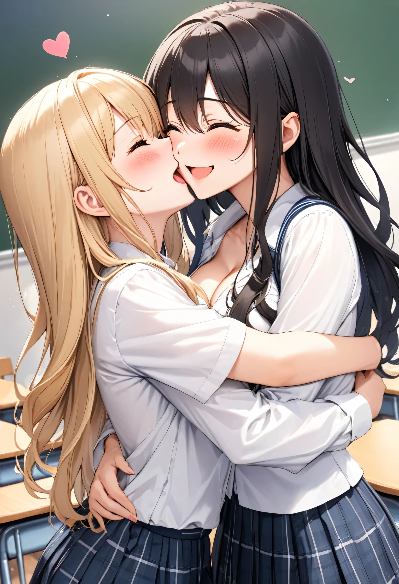 detailed figure, Dynamic Angle, Very detailed, figure, Two Girls, 18-year-old, high school girl, [Long wavy blonde hair, Long Hair, Light grey eyes], heart, White shirt, Light blue plaid skirt, , Flush, blush, excited, School classroom, smile, Lesbian ug, Holding, touch, [long black hair straight, close your eyes, Grimacing]