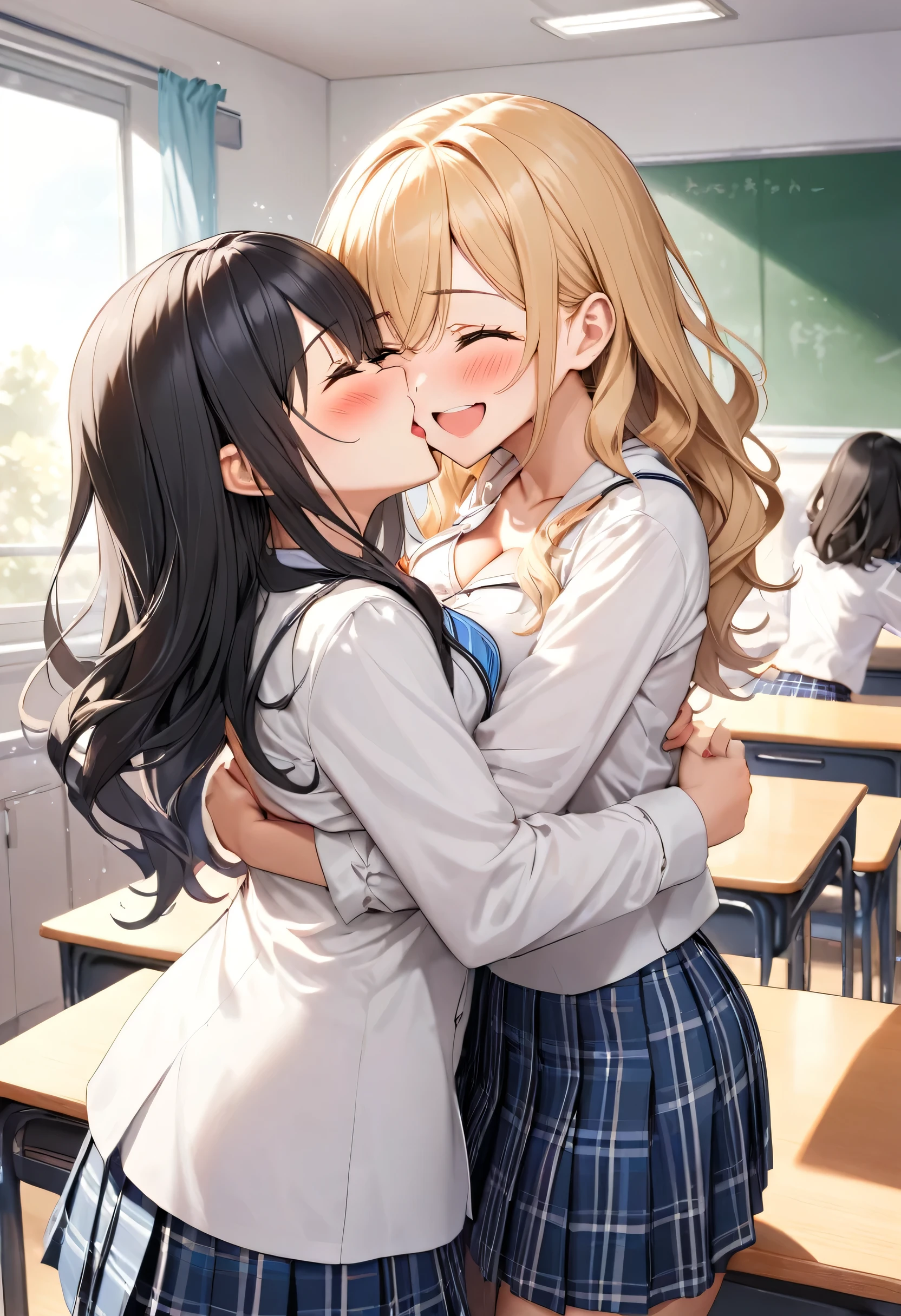 detailed figure, Dynamic Angle, Very detailed, figure, Two Girls, 18-year-old, high school girl, [Long wavy blonde hair, Long Hair, Light grey eyes], heart, White shirt, Light blue plaid skirt, Cleavage, Flush, blush, excited, School classroom, smile, Lesbian Kiss, hug, Holding, touch, [long black hair straight, close your eyes, Grimacing]