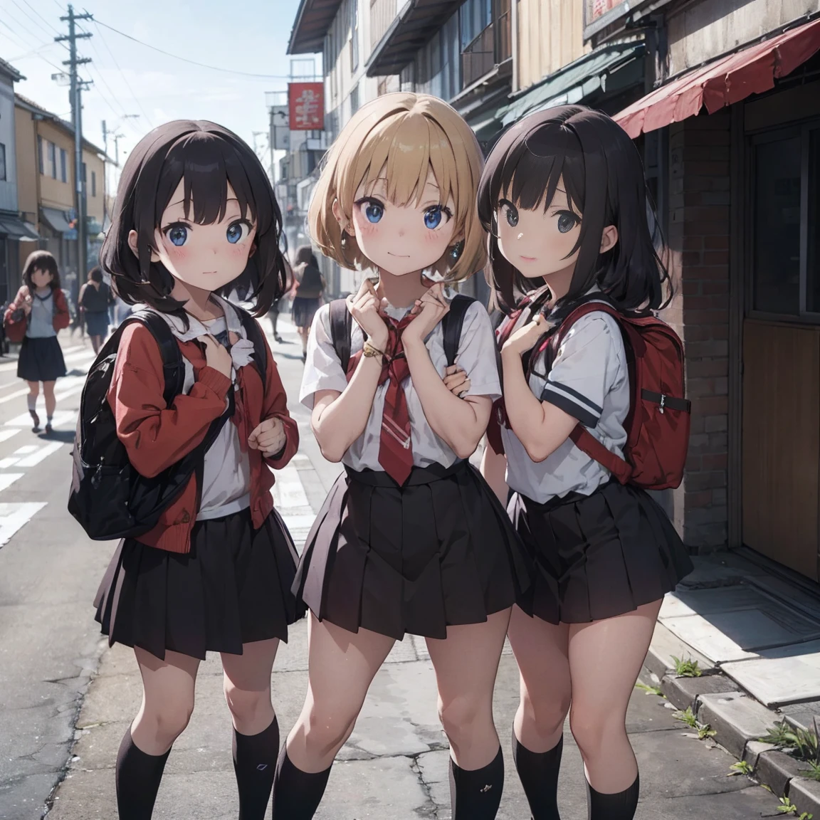 Three very young girls, about , on a street in Japan, one of the old streets, behind them is a school. They are wearing Japanese school uniforms. Their thighs are all visible, and their socks reach below the knee. Their uniforms are wearing backpacks.. The first girl is excited. Her hair is fluffy pink and reaches below the neck. She is excited and cheerful while she is standing and her eyes are black.. The second girl has blond hair that reaches below the neck and her eyes are blue. She is very beautiful and very, very innocent and a little afraid. She looks anxiously and pretends to be a normal person. She is shy and looks shy. She puts her hands on her thigh and is shy and in the middle.. The third girl, her hair white, reaches below her neck, she wears red jewelry on it, her eyes are blue, she stands next to them, looking with a mixture of shyness and courage, she is half shy and half happy, she stands looking with amazement, shyness and courage. They all look in amazement at the three girls. Side view. One of them seems to be stumbling. They are three little girls. Te all the same height. They are very, very, very, very short. They are young and innocent children. They are eight years old. Veryort children. Children. Three girls. 