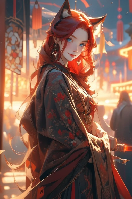 Perfect face. Perfect hands. A red haired woman with one blue eye and one red eye with an hourglass figure and red fox ears and seven fluffy fox tails is spinning a blade while smiling at the festival