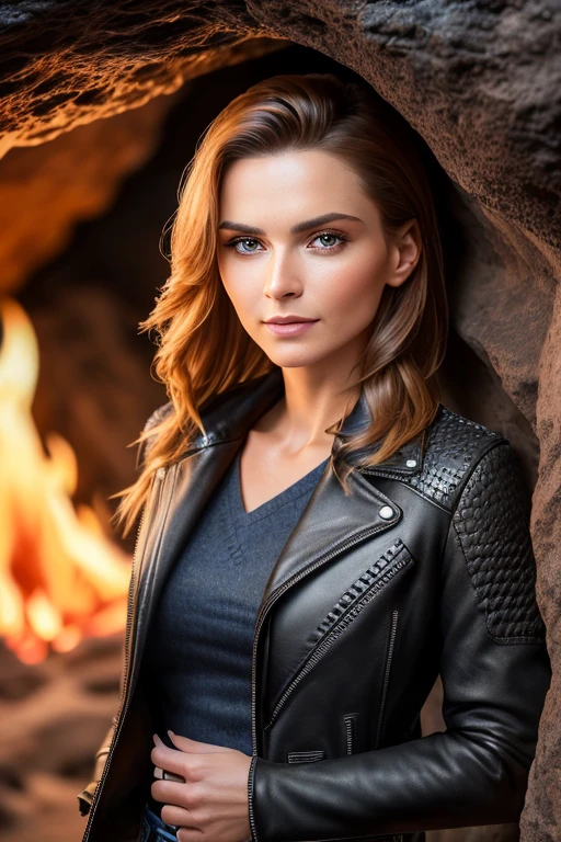 closeup headshot of S123_BibianaPospiech, a stunning woman, in a (cave:1.2), wearing a (leather-jacket:1.2), (fire:1.2), (8k, RAW photo, best quality, depth of field, ultra high res:1.2), (absurdres, intricate, photorealistic, masterpiece, ultra-detailed:1.3)