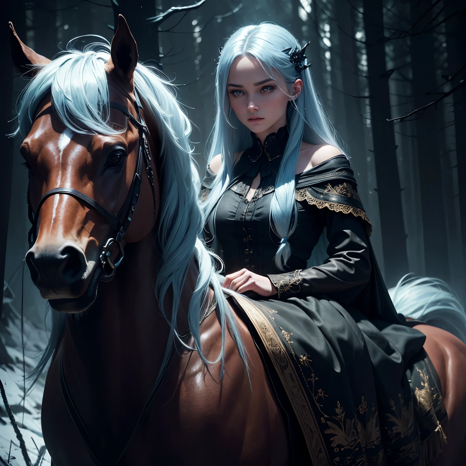 A beautiful young Russian girl with long light blue hair, wearing a sleek black dress, on a horse, middle of a dark mysterious forest at night, surrounded by flickering red flames, (best quality,4k,8k,highres,masterpiece:1.2),ultra-detailed,(realistic,photorealistic,photo-realistic:1.37),extremely detailed eyes and face,longeyelashes,high fashion,dramatic lighting,moody atmosphere,intricate details,cinematic composition