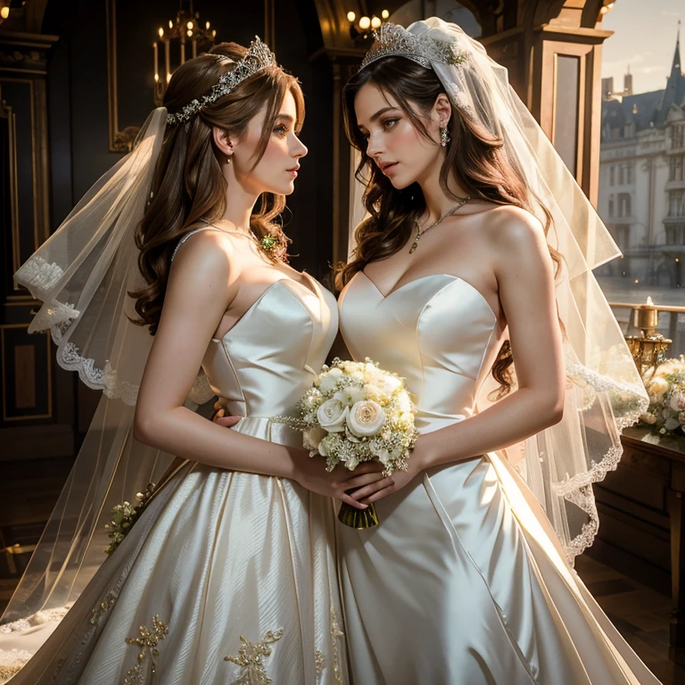 (masterpiece, best quality:1.5), highest quality, High resolution, super detailed, Realists, Upper body photo of the brunette bride, detailed and beautiful eyes, beautiful detailed lips, very detailed eyes and face, longeyelashes, Woman in wedding dress made of shiny satin fabric, Beautiful and colorful makeup, elegant and noble々Pose,shiny crown and jewels, Gardens as background, soft daylight, bright colors, fine brushstrokes, Portrait style, Noble details in the dress fabric, beautiful color palette, glowing skin, First-class rendering, that captures every detail, enchanting atmosphere, subtle shadows and lights, (perfect anatomy:1.2), (The stunning bride stands together with her bridesmaid and are deeply in love:1.4), (kiss:1.2), (magnificent panorama view:1.2)