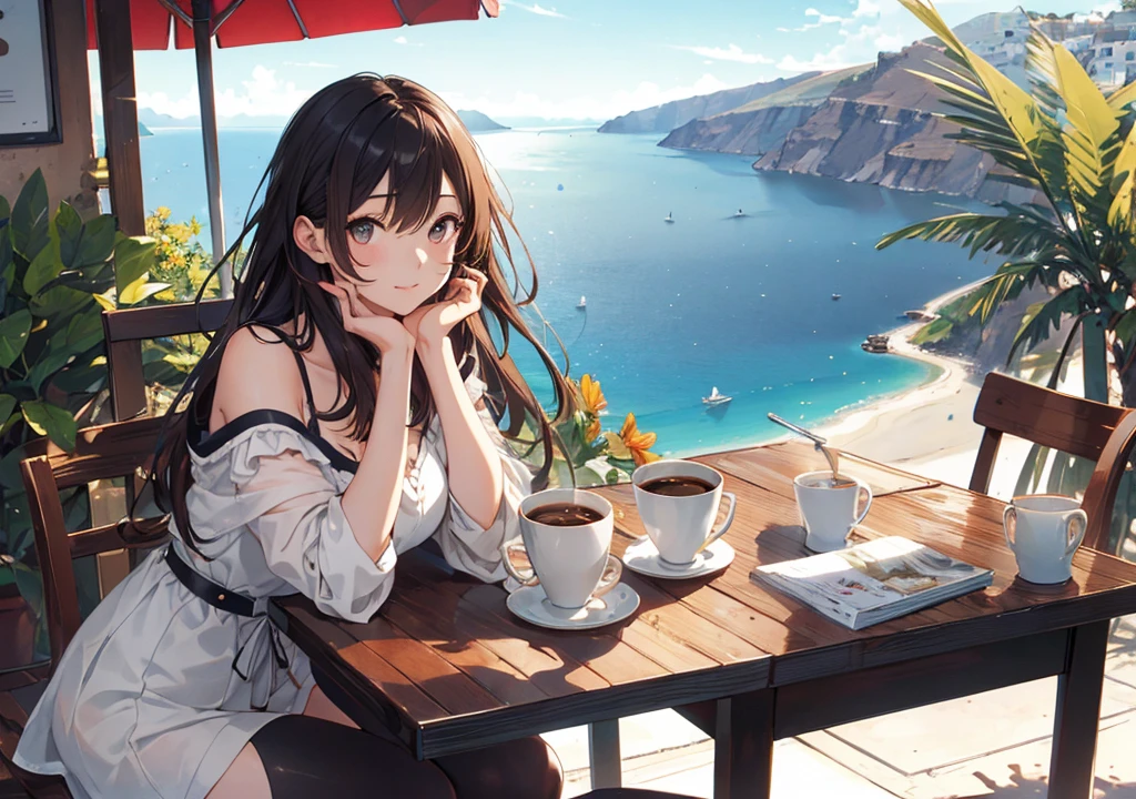Realistic photos, Focus distance 10mm, Red and white, Beautiful girl, Realistic photos, Shooting at focus distance 10mm, masterpiece, 最high quality, high quality, Very detailed CG 8k wallpaper unit, Award-winning photography, Depth of written boundary, High resolution, bloom, chromatic aberration, Realistic, Very detailed, Art Station Trends, CGsociety Trends, Complex, High detail, dramatic, Art on the go, volumetric lighting, Beautiful girl relaxing in a cafe : Beautiful girl enjoying a cup of coffee on a cafe terrace in Santorini. She sits in a chair with a relaxed expression, with a beautiful view of the Aegean Sea in the background