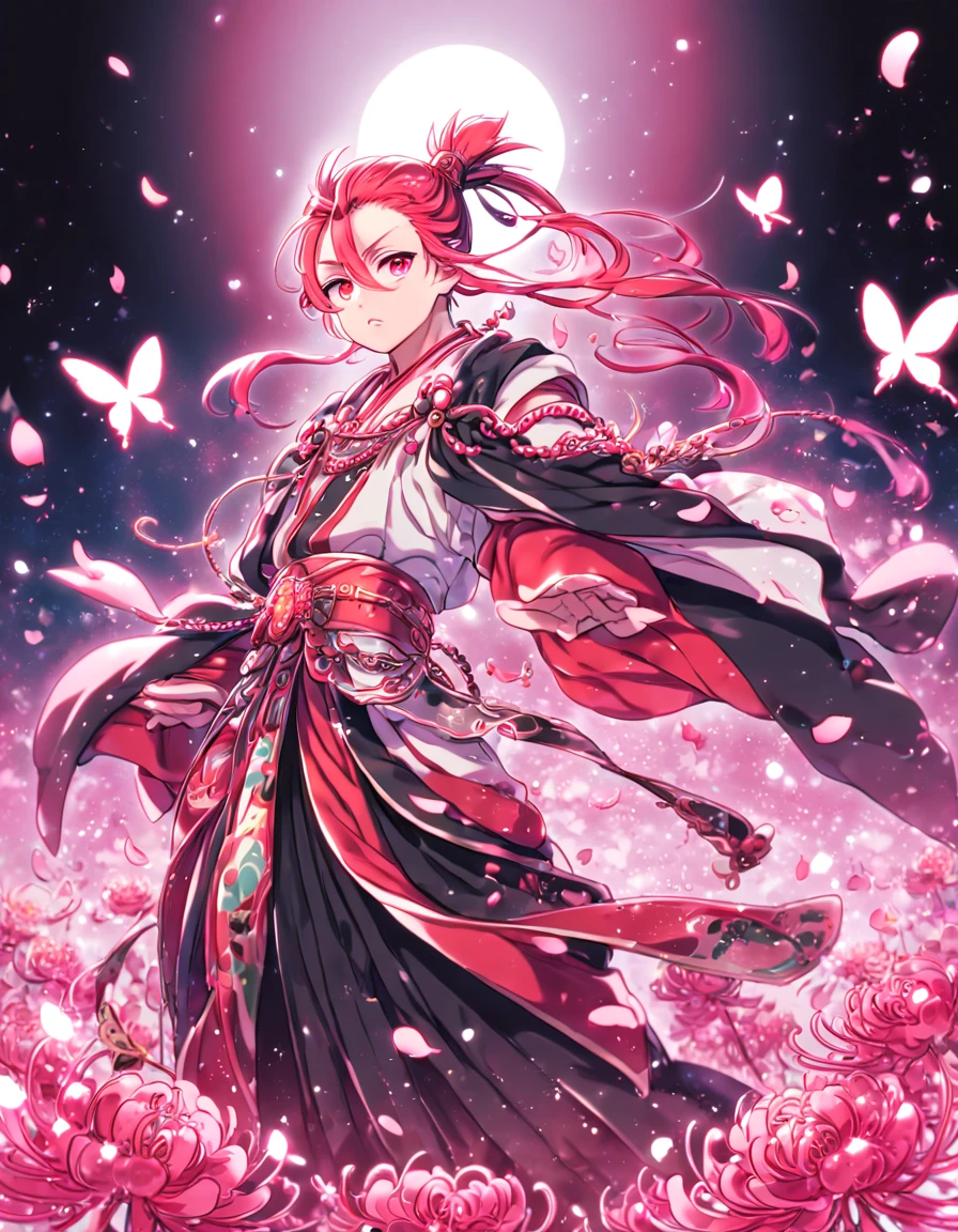 absurd resolution, high resolution, ultra detailed, detailed eyes, extremely detailed, HDR, 8K, Ren Kouen, red hair, hair tied back into a topknot, hair between the eyes, red goatee, expressive red eyes, Magi The Labyrinth of Magic, solo, sexy man, handsome, manly man, traditional clothes that are mainly red, white and black in colour along with a black flowing cape, fantasy, cool, magical, pink glittering butterflies, pink dust flying around, pink spider lilies, pink petals, pink lanterns, Japanese ambiance, cherry blossoms