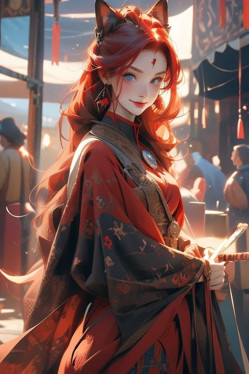 Perfect face. Perfect hands. A red haired woman with one blue eye and one red eye with an hourglass figure and red fox ears and seven fluffy fox tails is spinning a blade while smiling at the festival